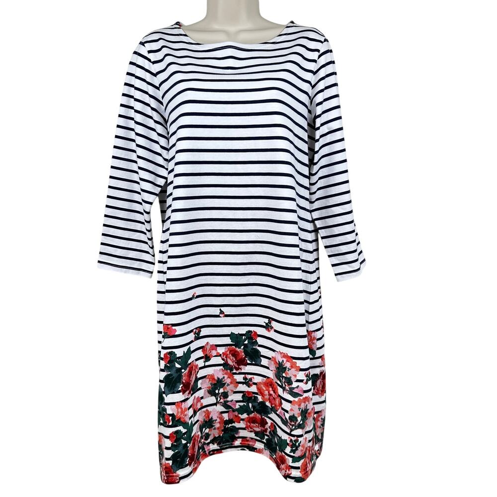 Joules Riviera Print Jersey Dress Striped Floral 3/4 Sleeve White Blue 10 Resort